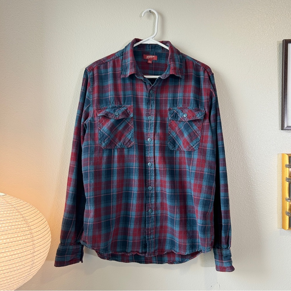 Arizona red & blue plaid button up flannel shirt L